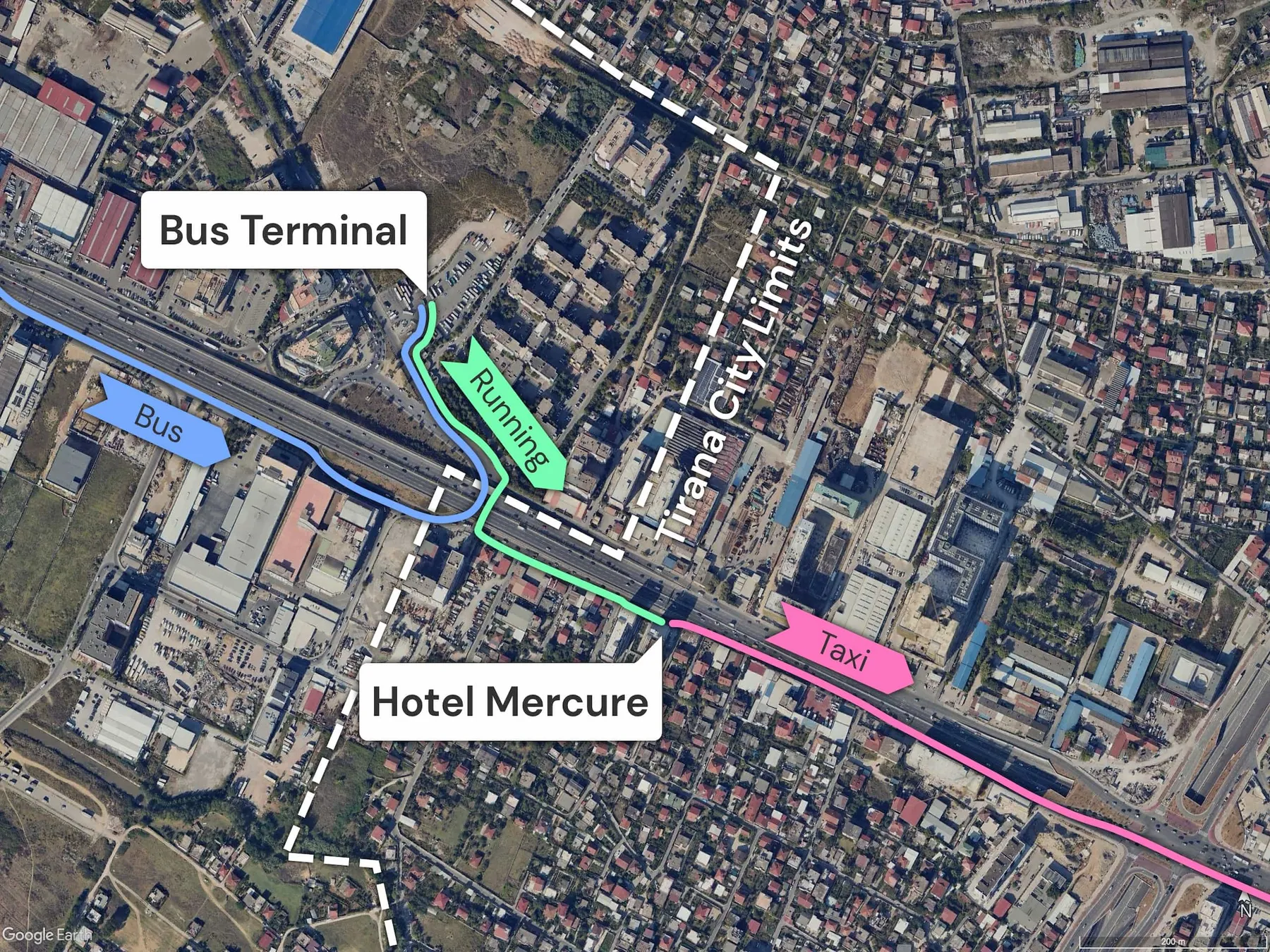 Map showing my journey from the bus terminal in Tirana to the taxi